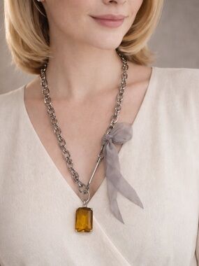 Club Monaco Silver Chain Necklace with Amber Pendant and Gray Ribbon Accent